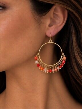 💎 Gold Tone Beaded Chandelier Hoop Earrings Coral Orange Boho Statement